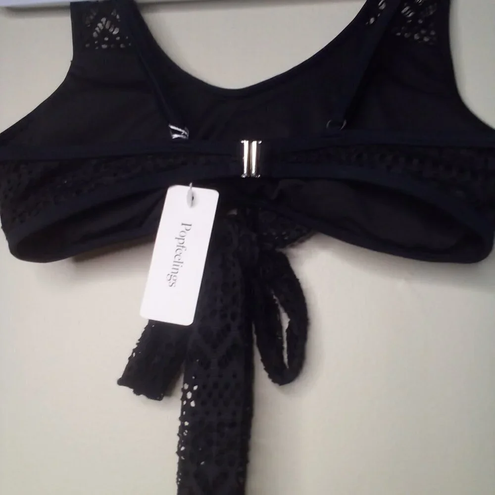 Popfeelings Bikini Top Women M Swim Crochet Bow Padded Cups Black